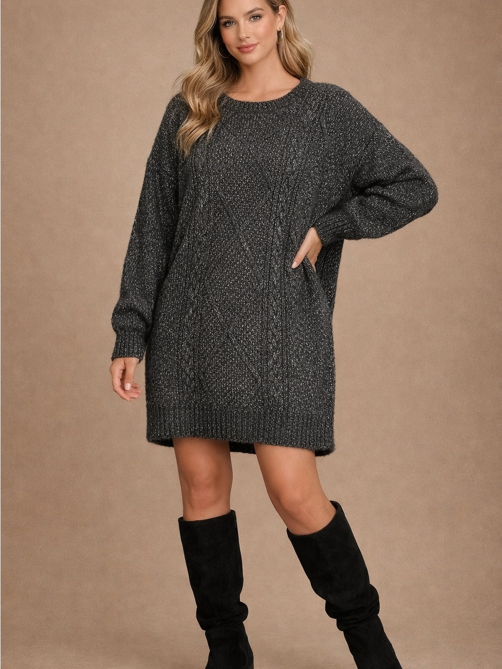 Chunky Charcoal Cable Knit Mini Dress